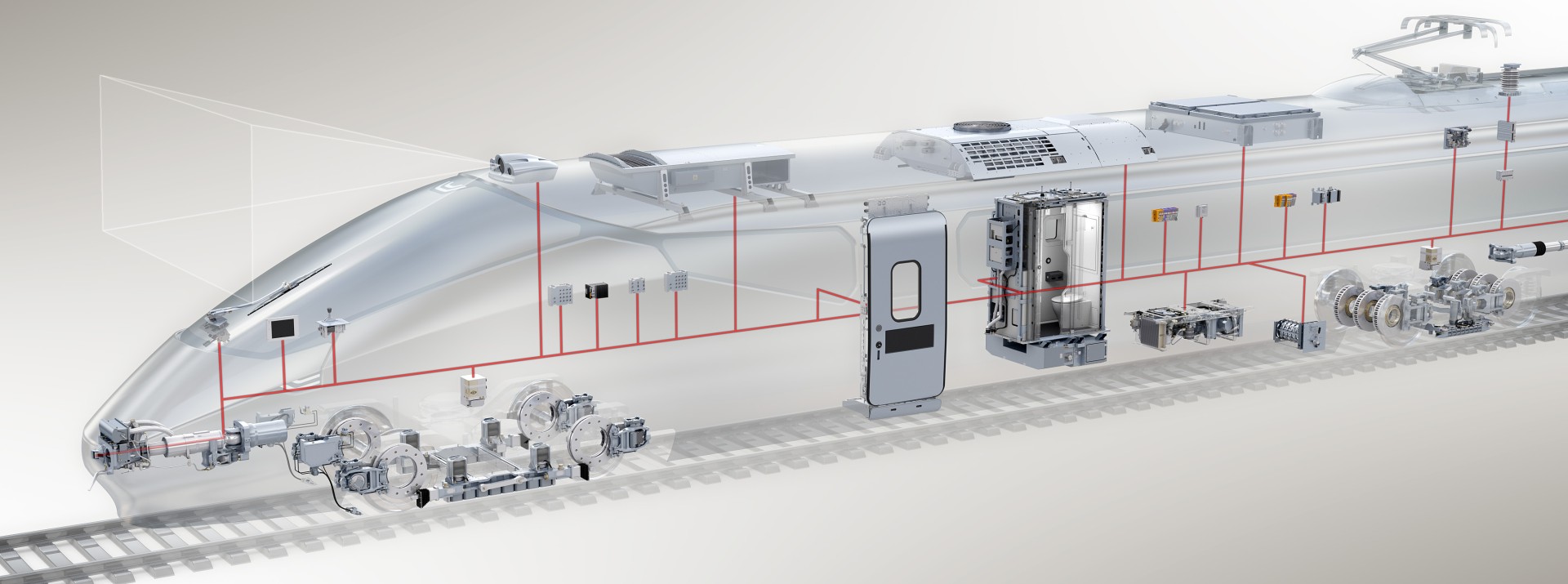 Train technology schematic illustrating components and systems.