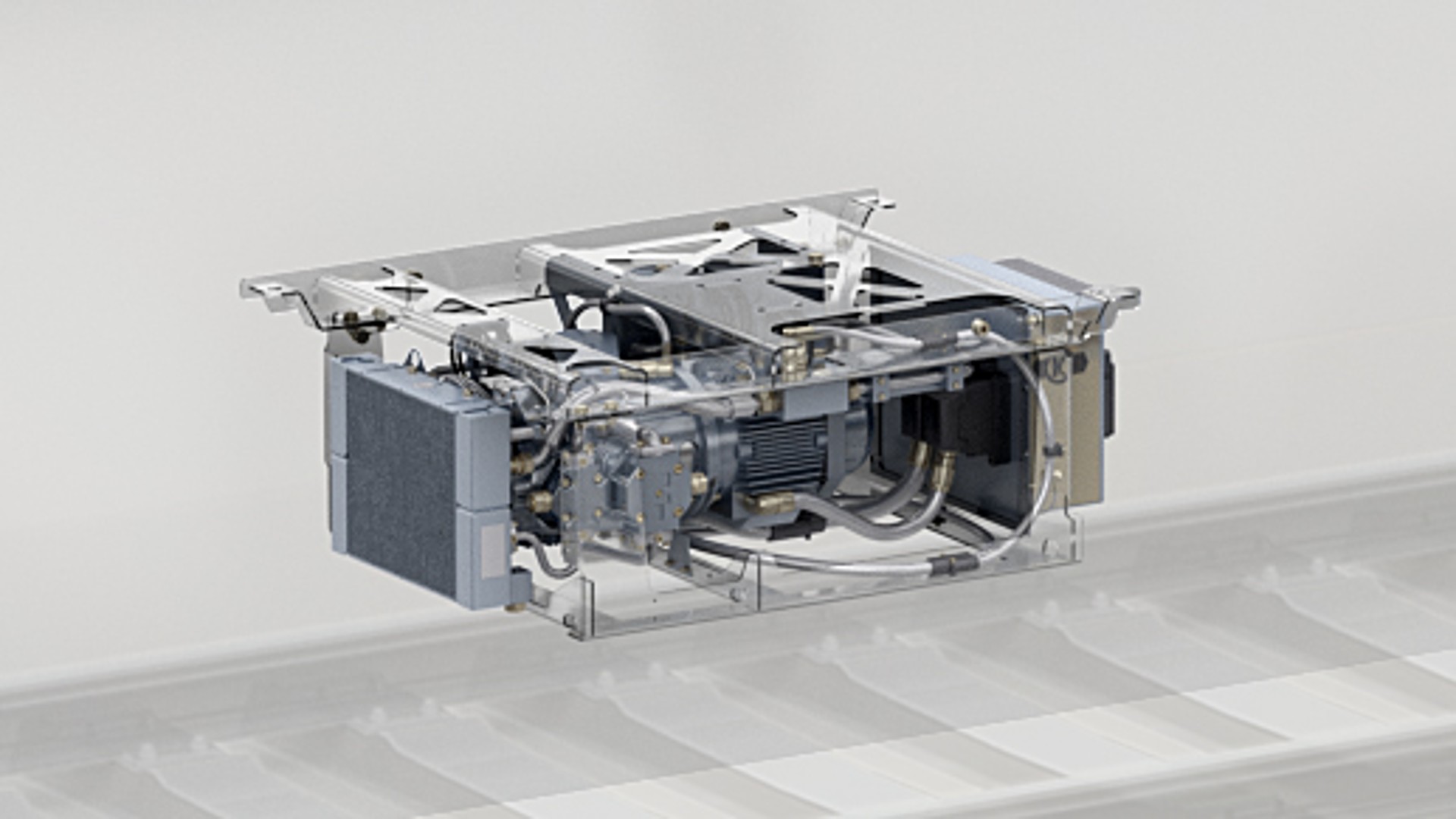 Transparent model of rail vehicle braking system.