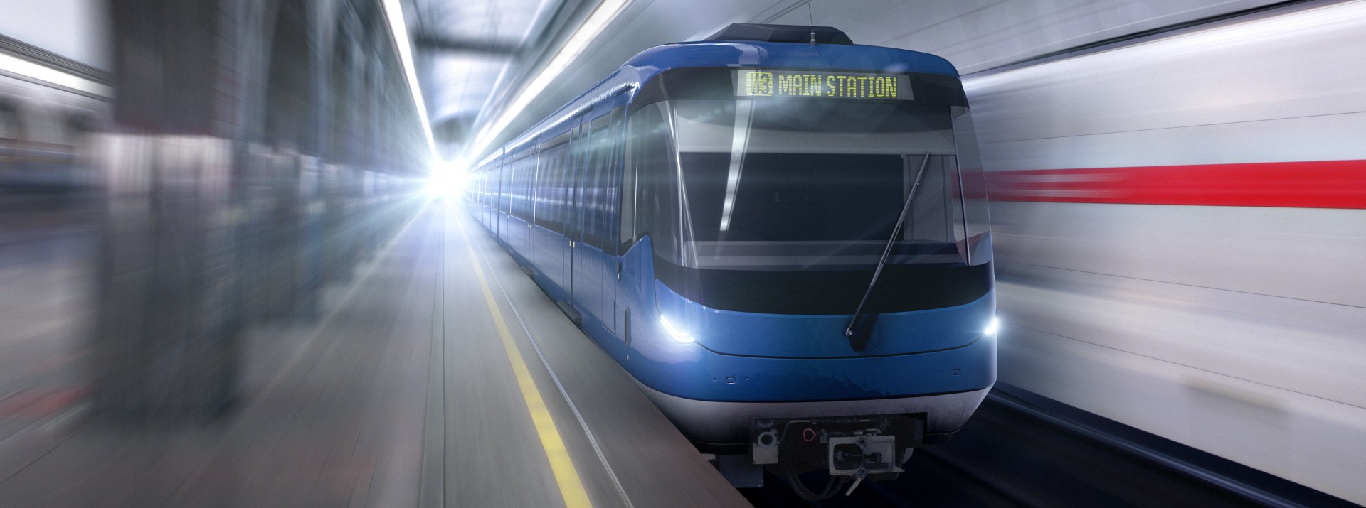 Blue train approaching station in motion blur.