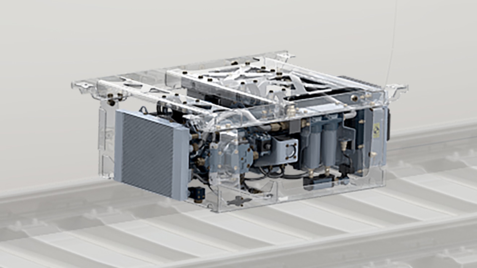 Rail vehicle braking technology with transparent casing.
