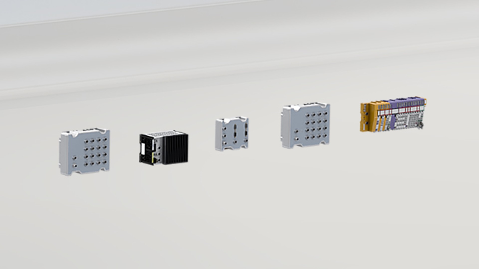 Industrial control modules arranged in a line.