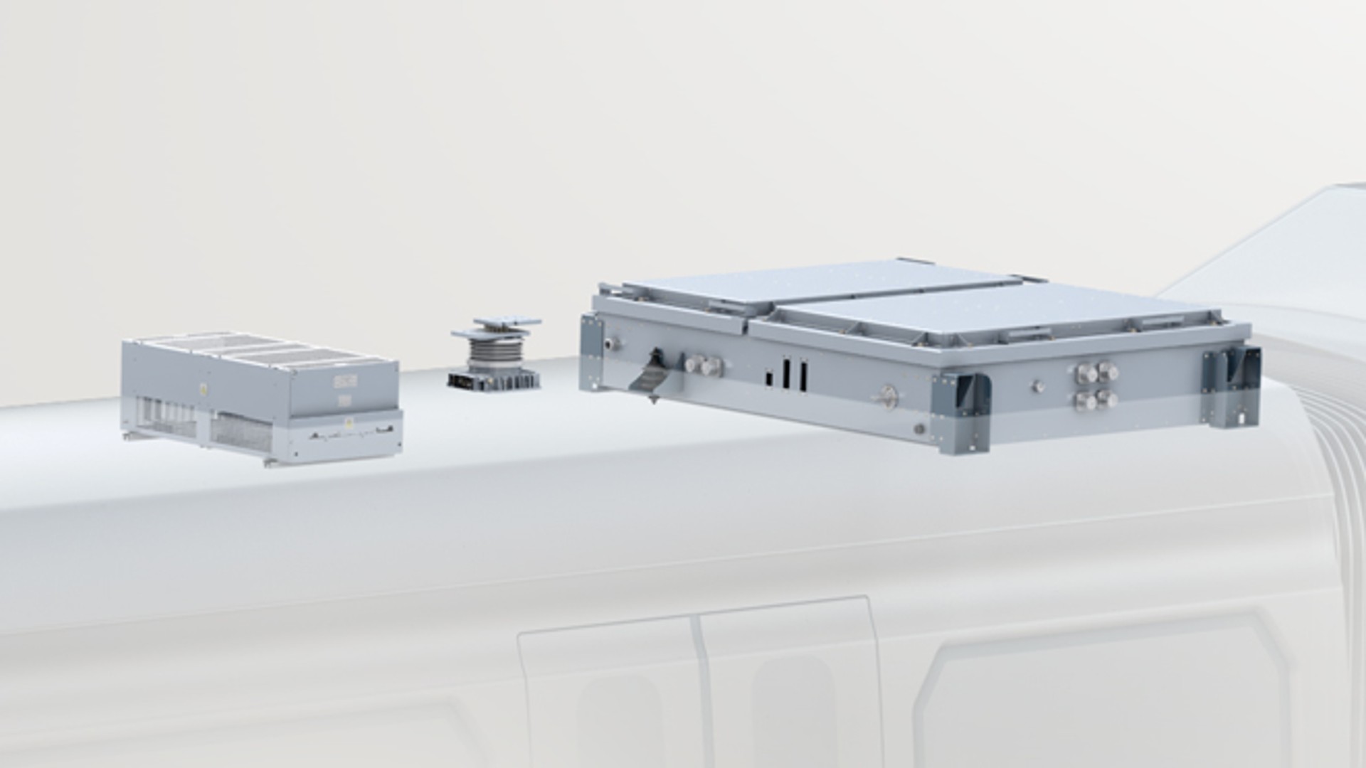 Rail vehicle technology components on a roof.