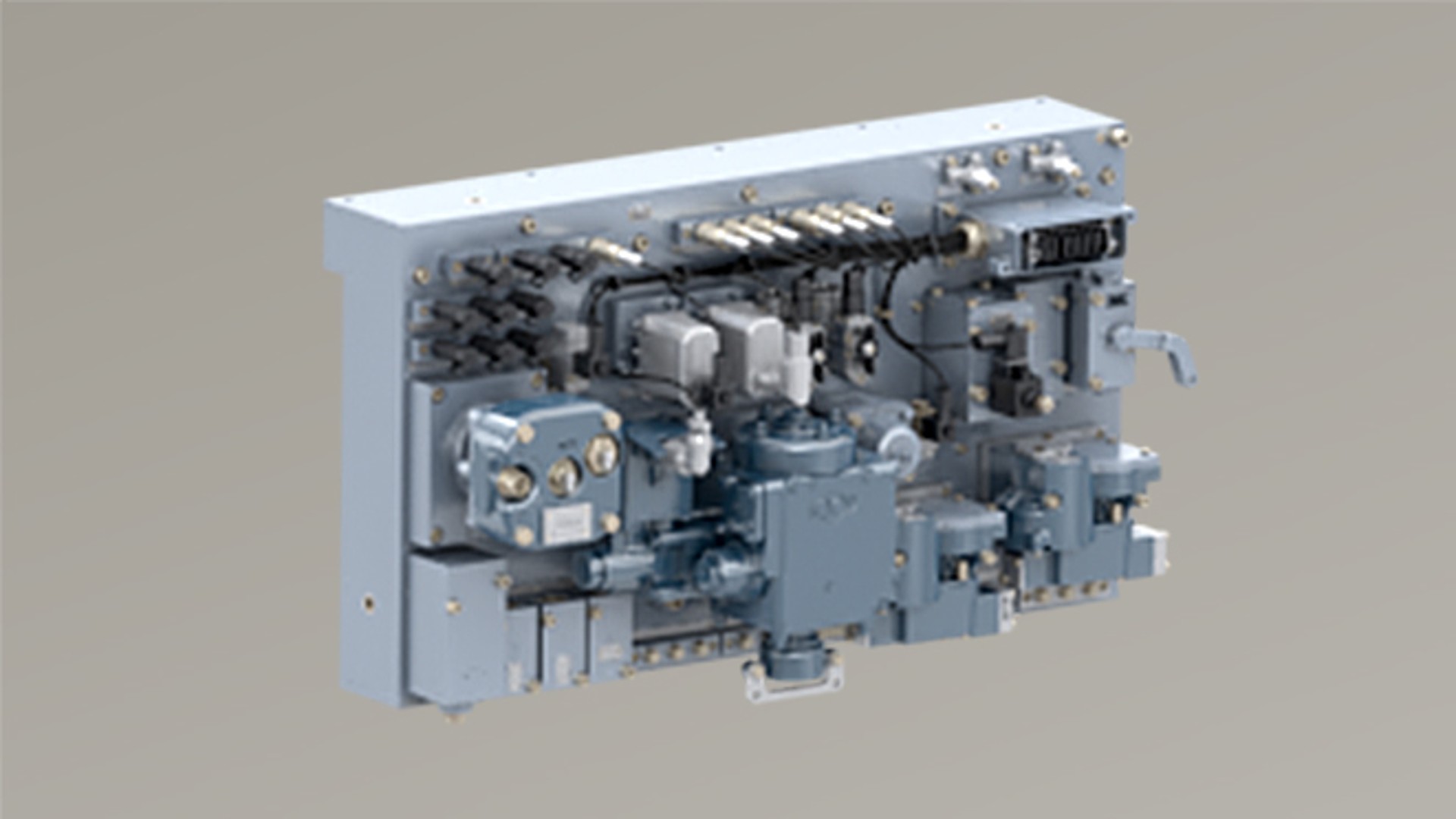 Technologie-Panel mit hydraulischen Komponenten und Ventilen.