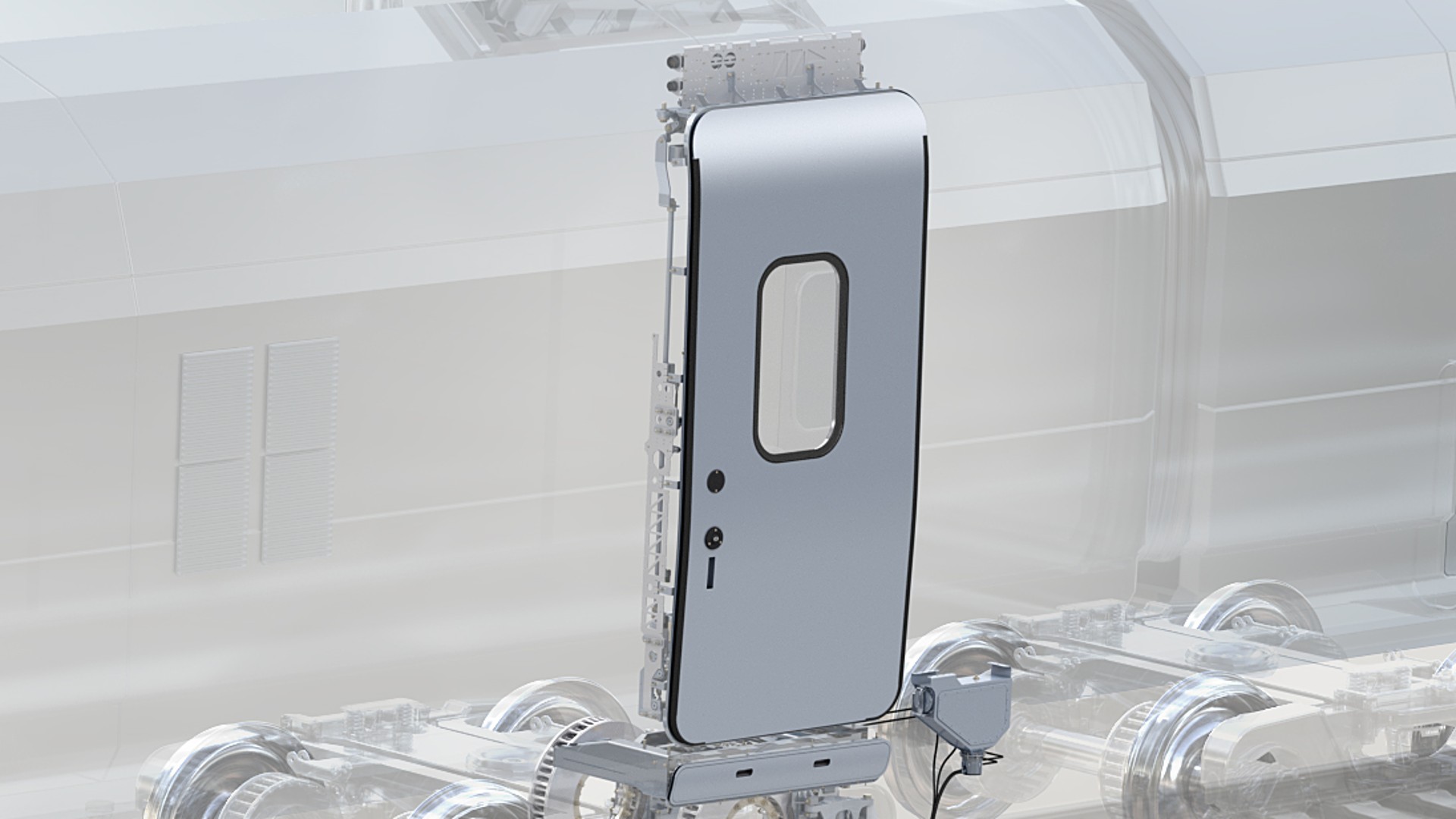 Train door mechanism displayed in engineering illustration.