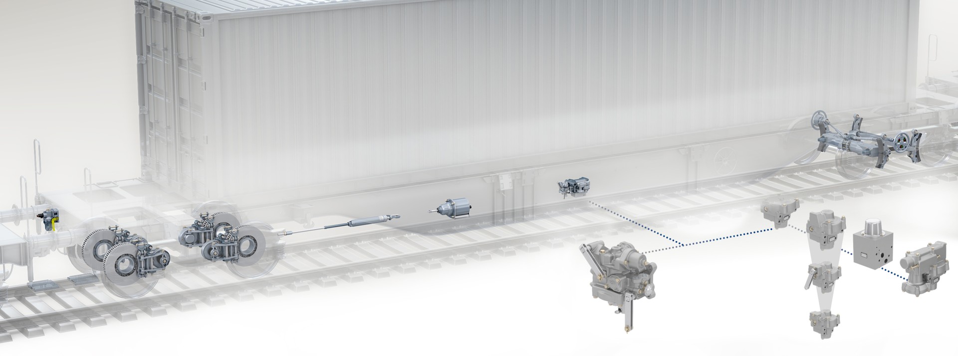 Railway braking system components diagram illustration.