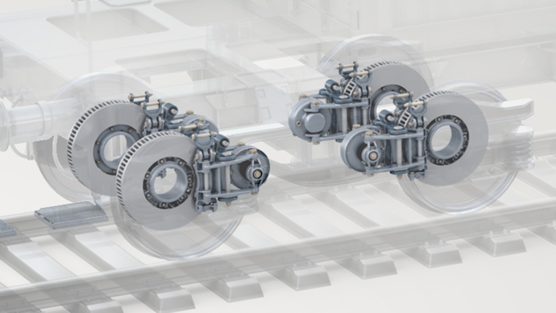 Train braking system components on railway wheels.