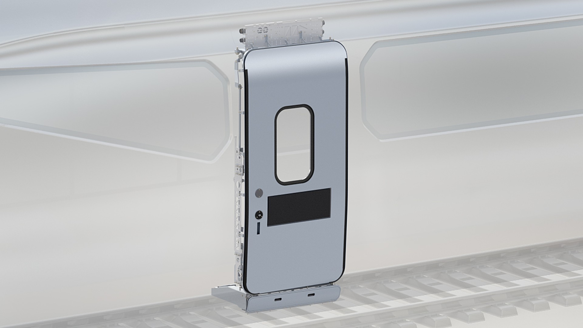 Railway door mechanism against a train backdrop.