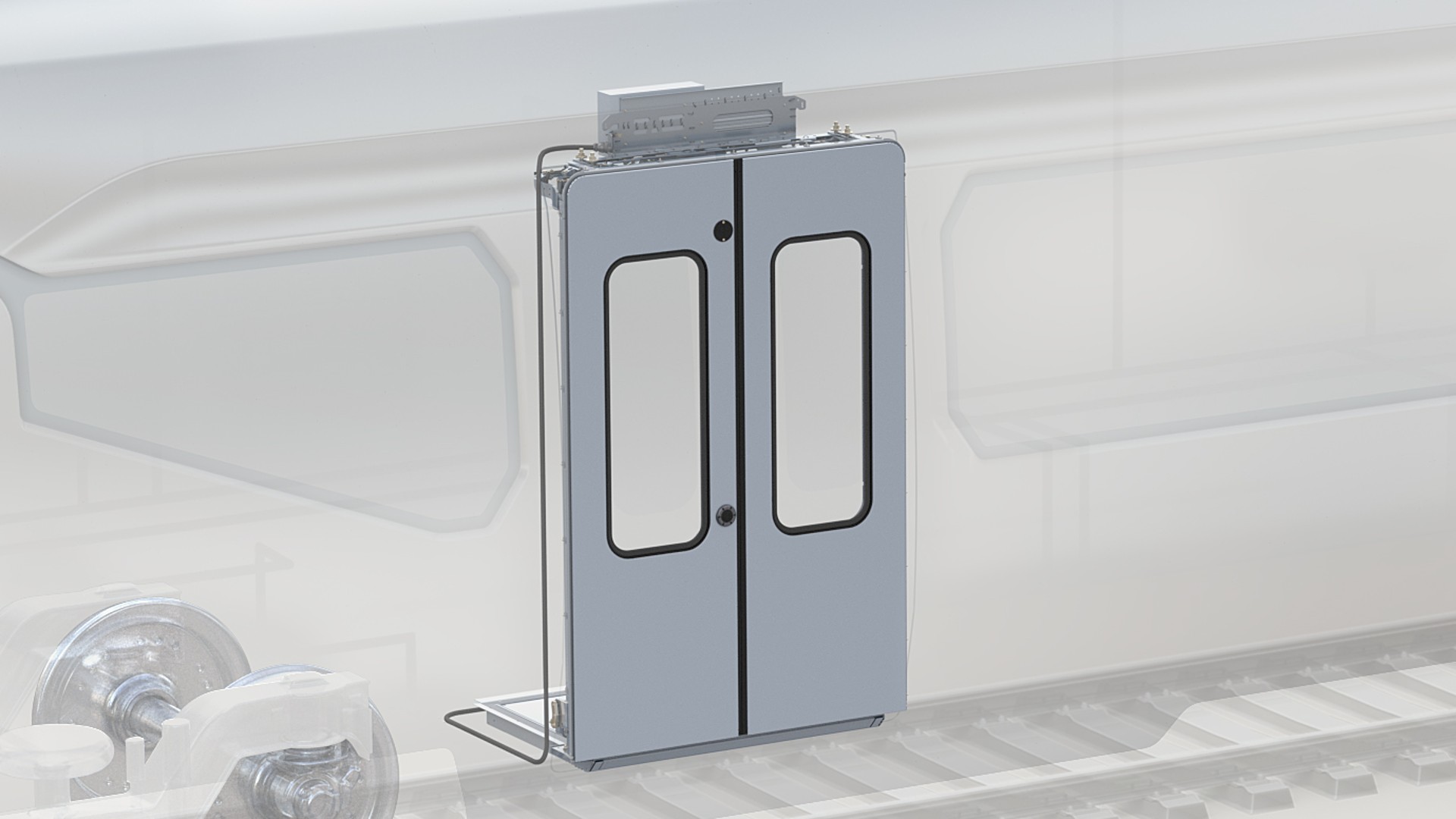 Train door mechanism with transparent design details.