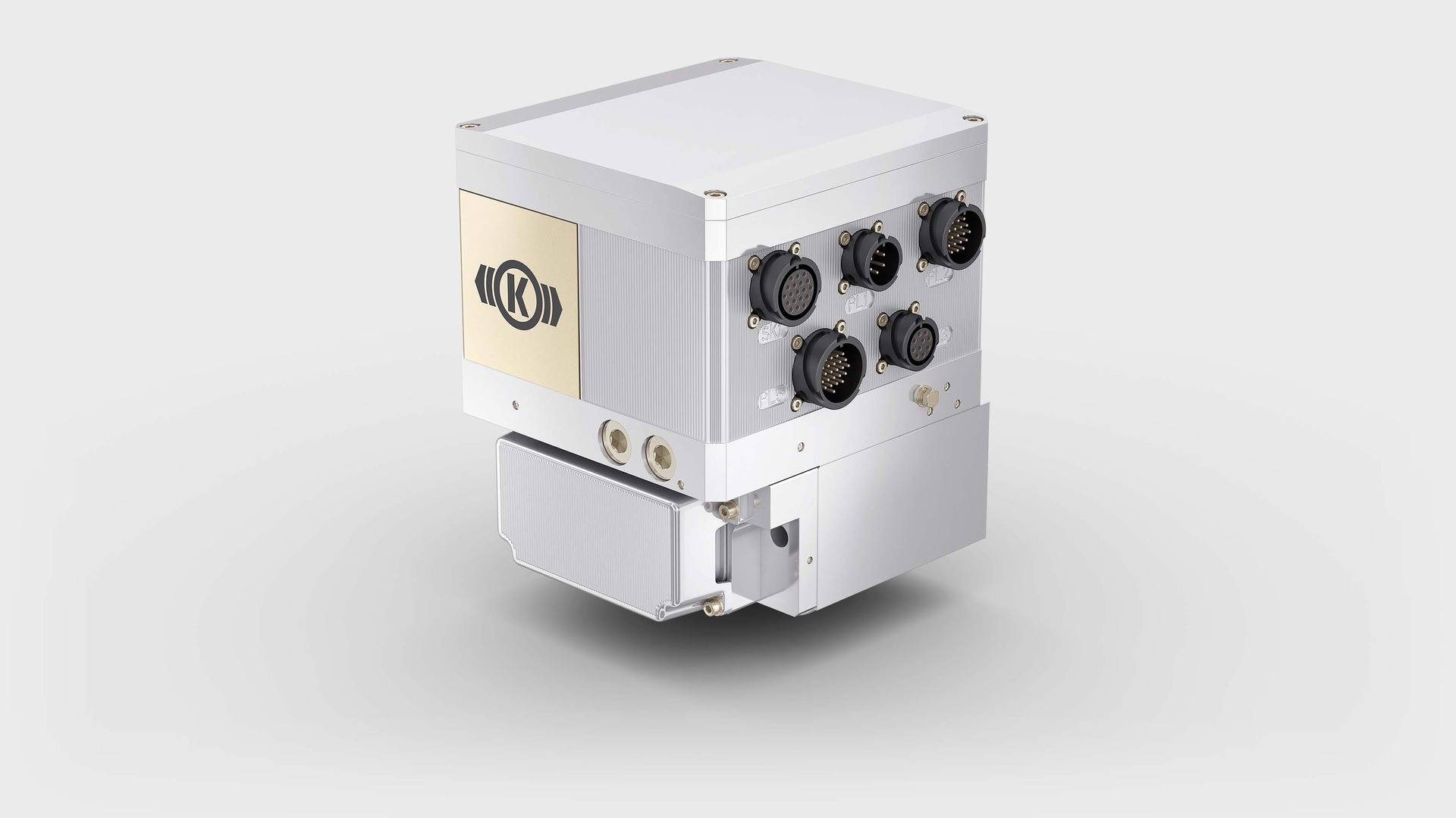CubeControl Smart Valve – compact electro-pneumatic brake control unit with five circular connectors for per-bogie control.