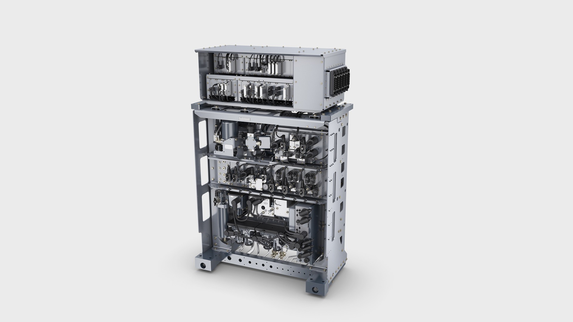 MaxControl locomotive brake control system in an integration frame with electronics unit and pneumatic modules.