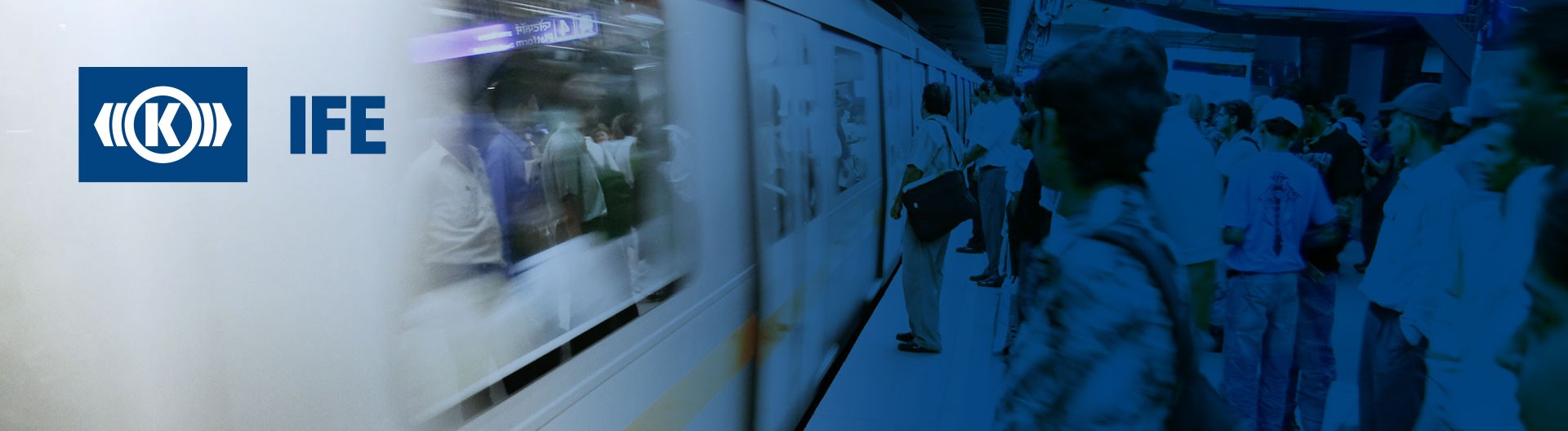 Crowded subway station with moving train.