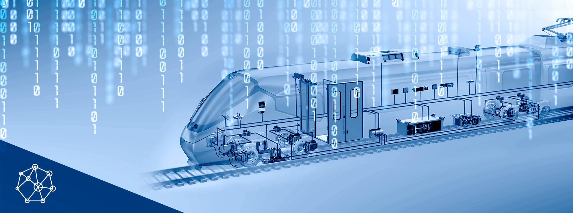 Digital train technology with binary code overlay.