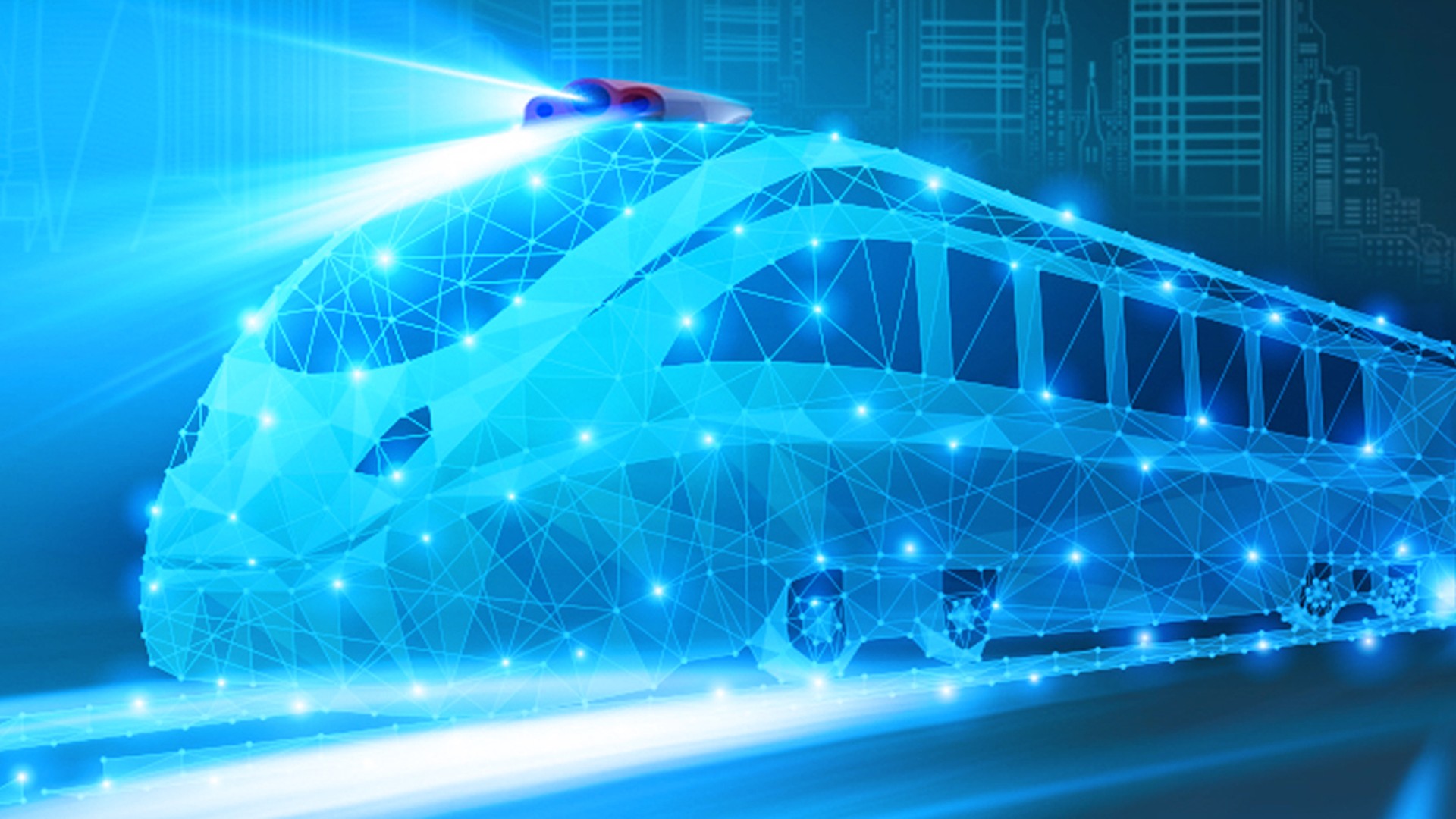 Futuristic train design with glowing blue lines.