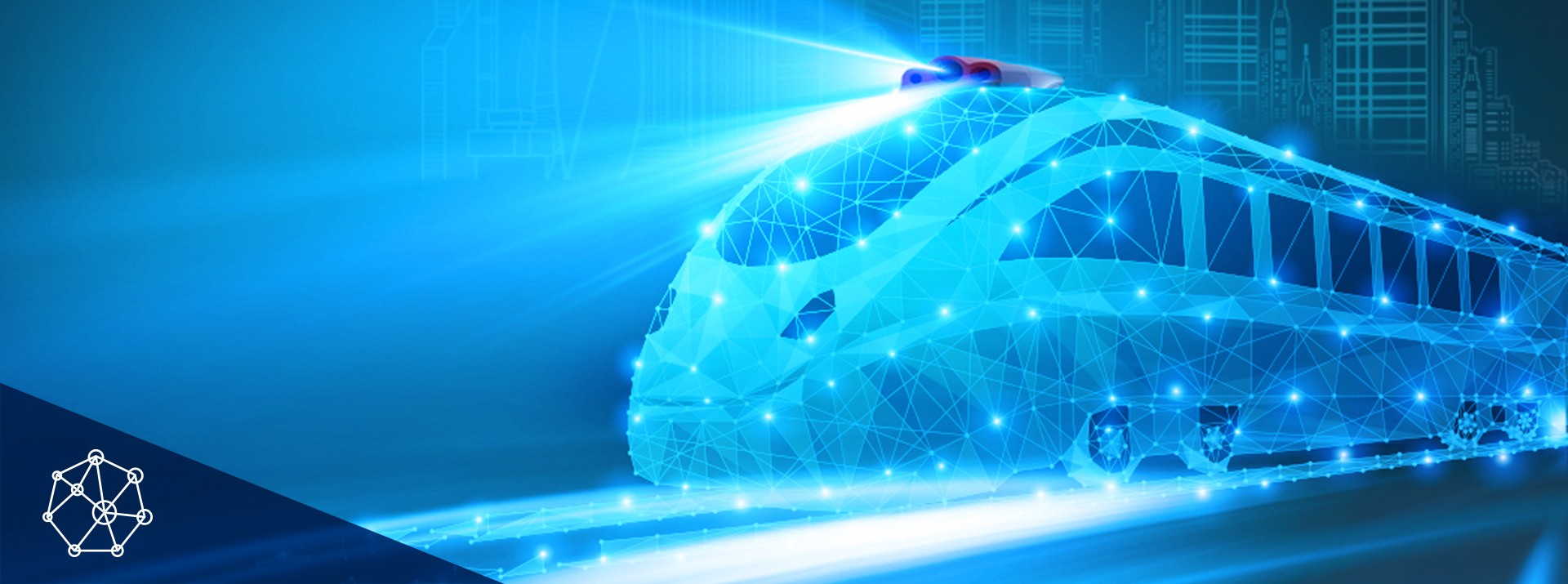 Futuristic train design with glowing blue lines.