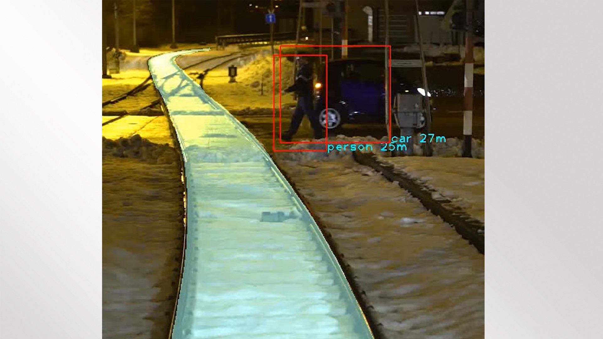 Person near a car on snowy railroad