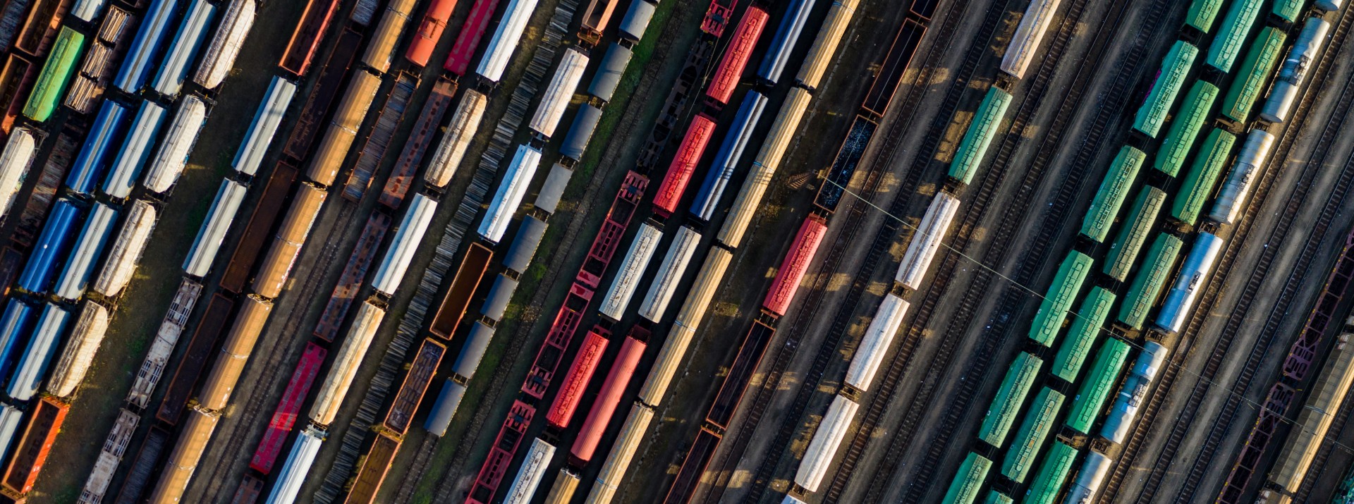 Aerial view of cargo train yard configuration.