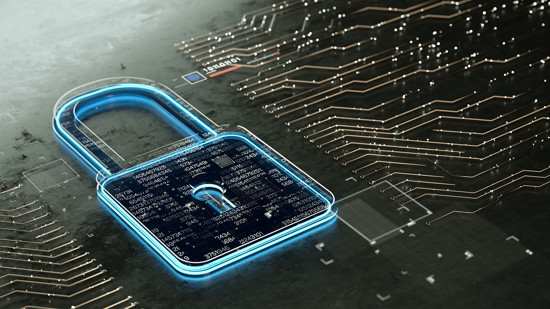 Digital padlock over circuit board background.