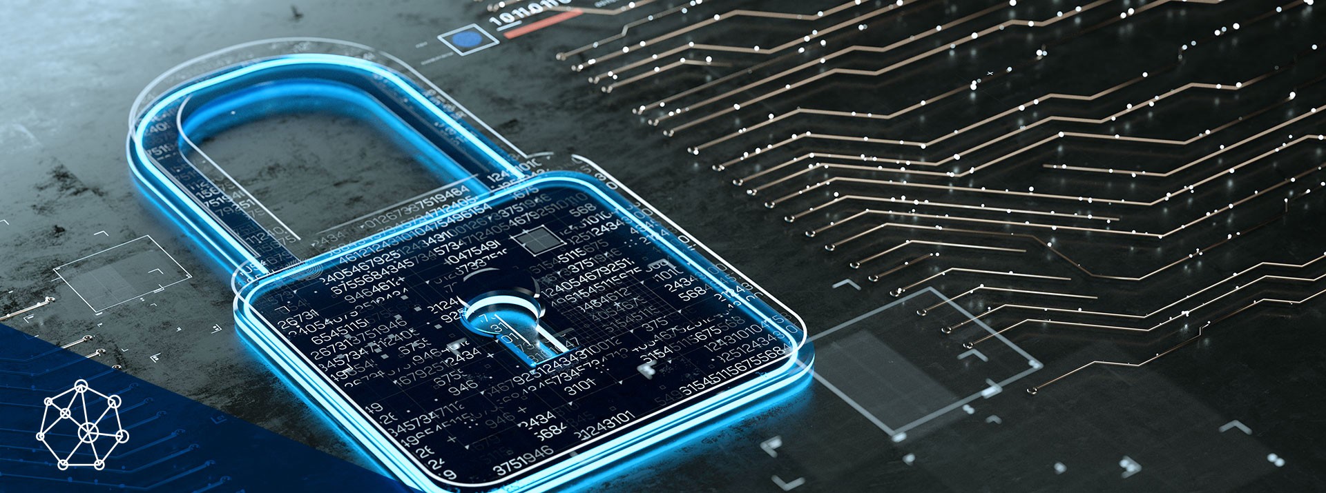 Digital lock illustration with circuit patterns.