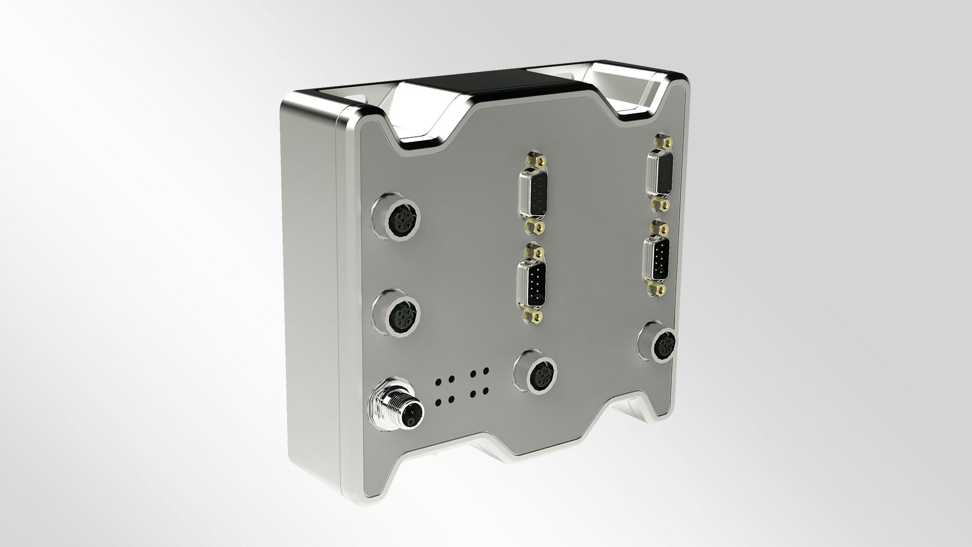 Metallic electronic device with multiple connections showcased.
