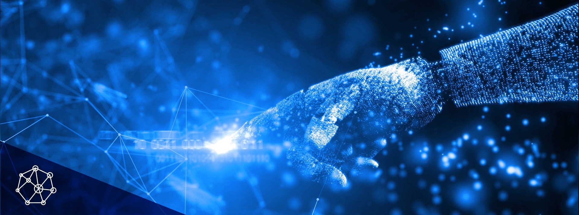 Digital handshake representing technology and connectivity.