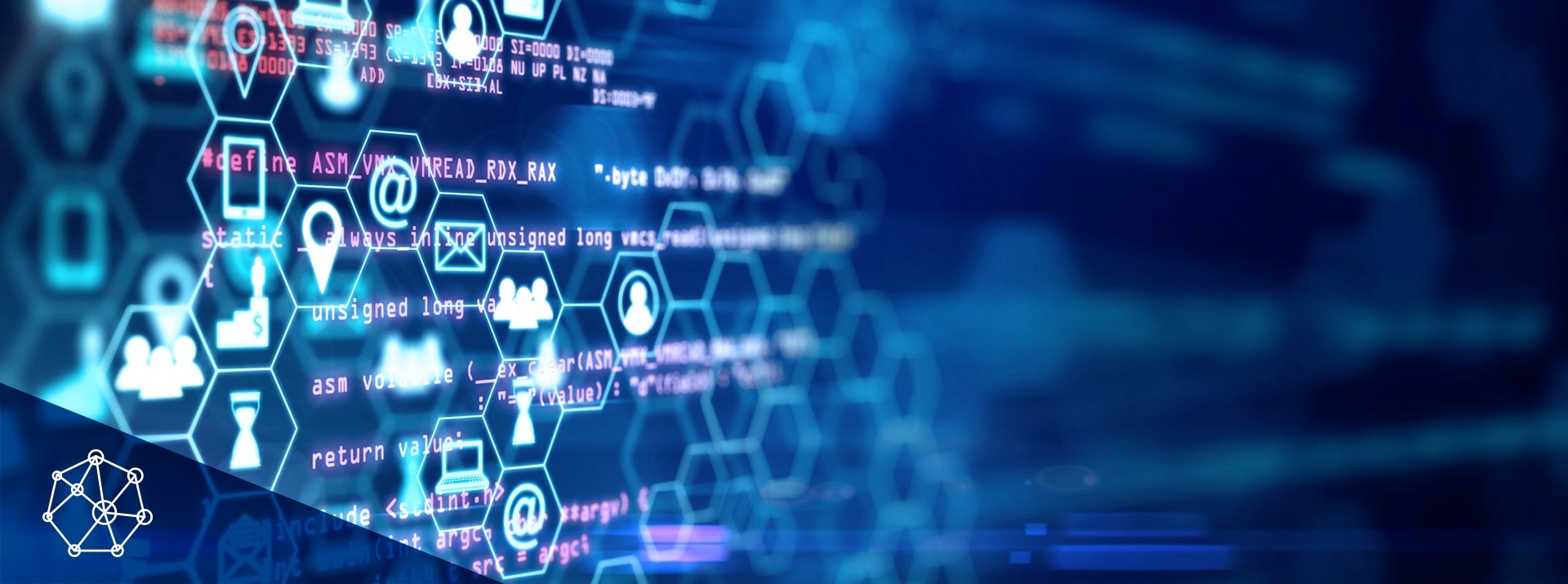 Abstract digital interface with code and icons.