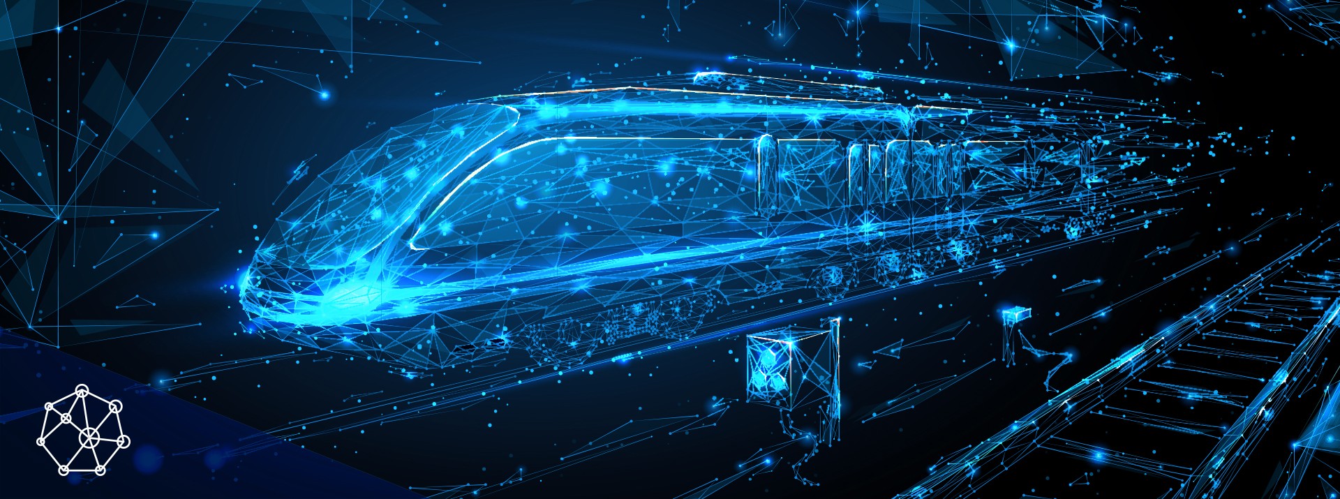 Futuristic blue train design with digital elements.
