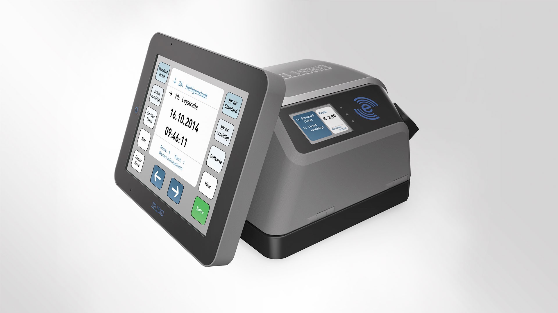 Digital ticketing terminal with touchscreen interface.