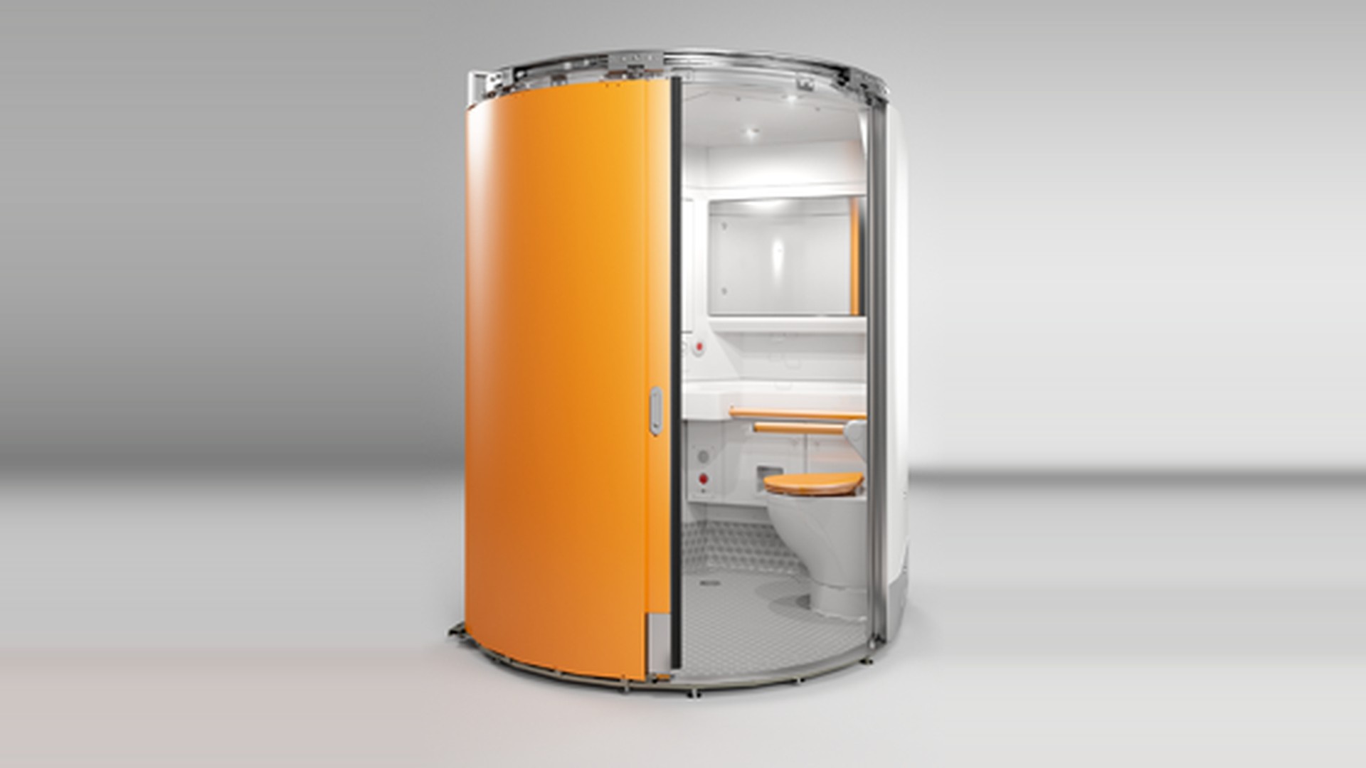 Integrated toilet cabin module with orange front