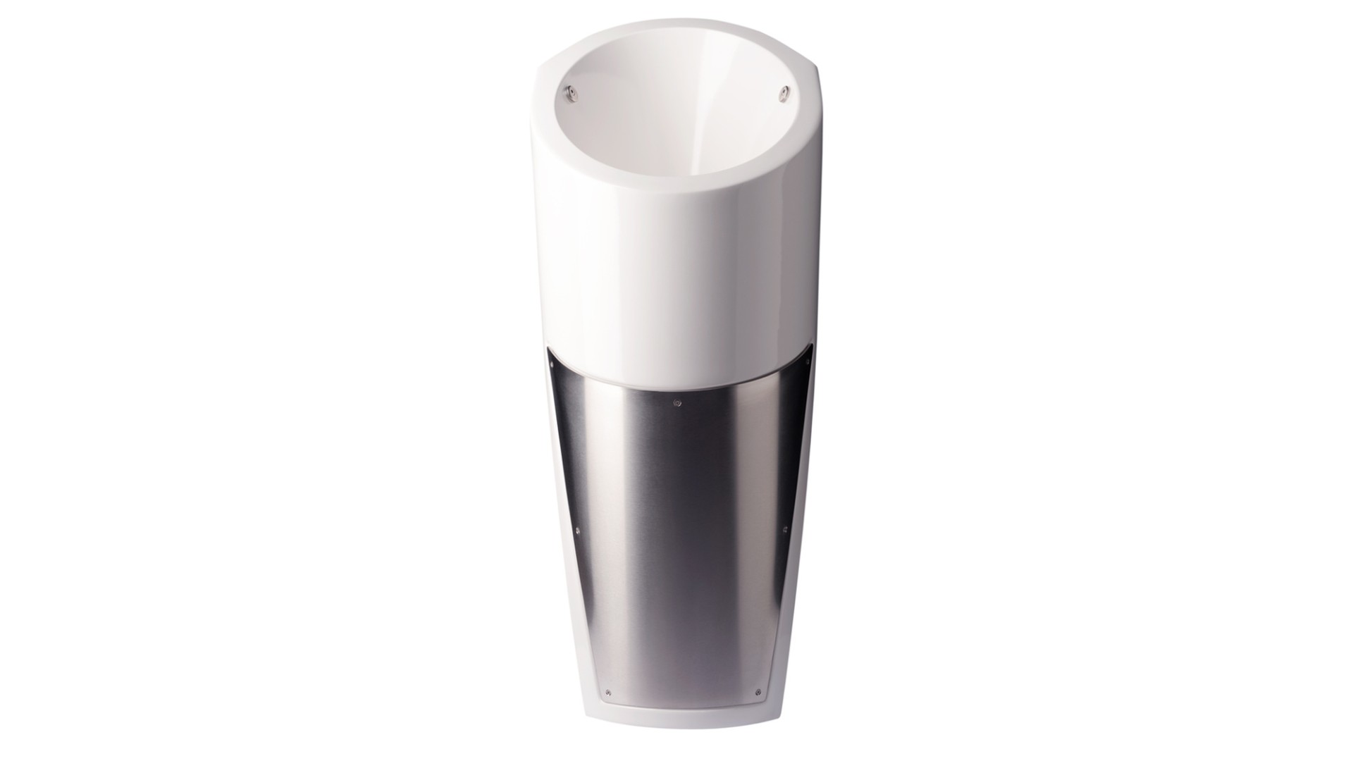 Evac train urinal, white bowl on metal pedestal column
