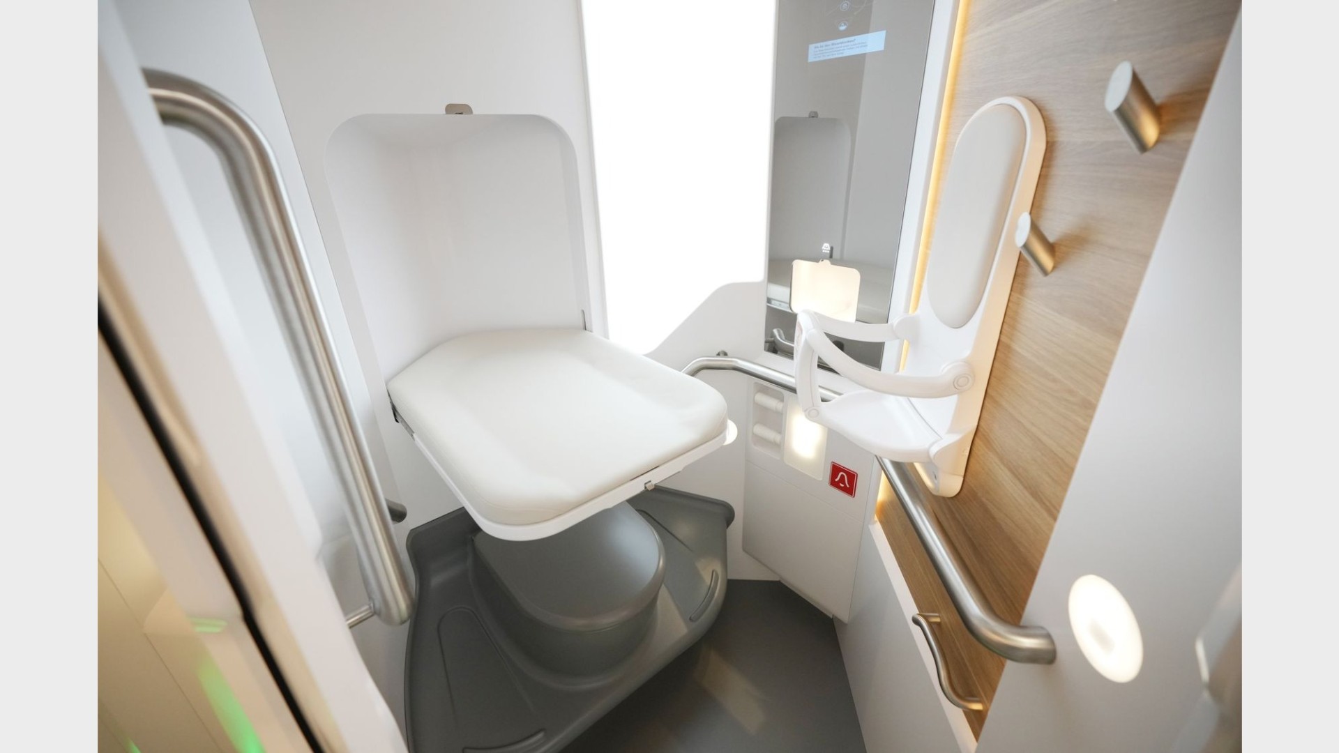 Accessible train toilet with grab bars, assist mode