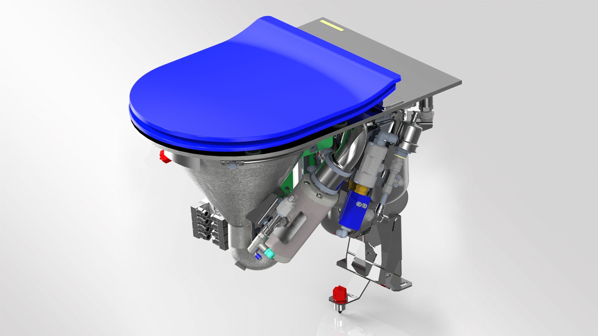 Blue industrial machine with various mechanical components.