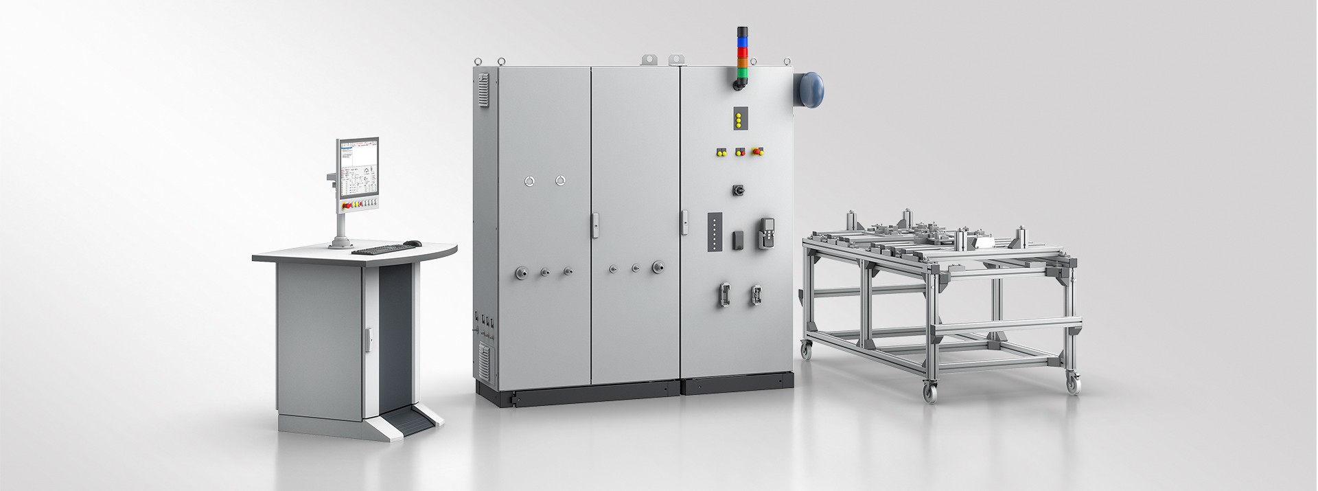 Industrial control panel and equipment workstation setup.