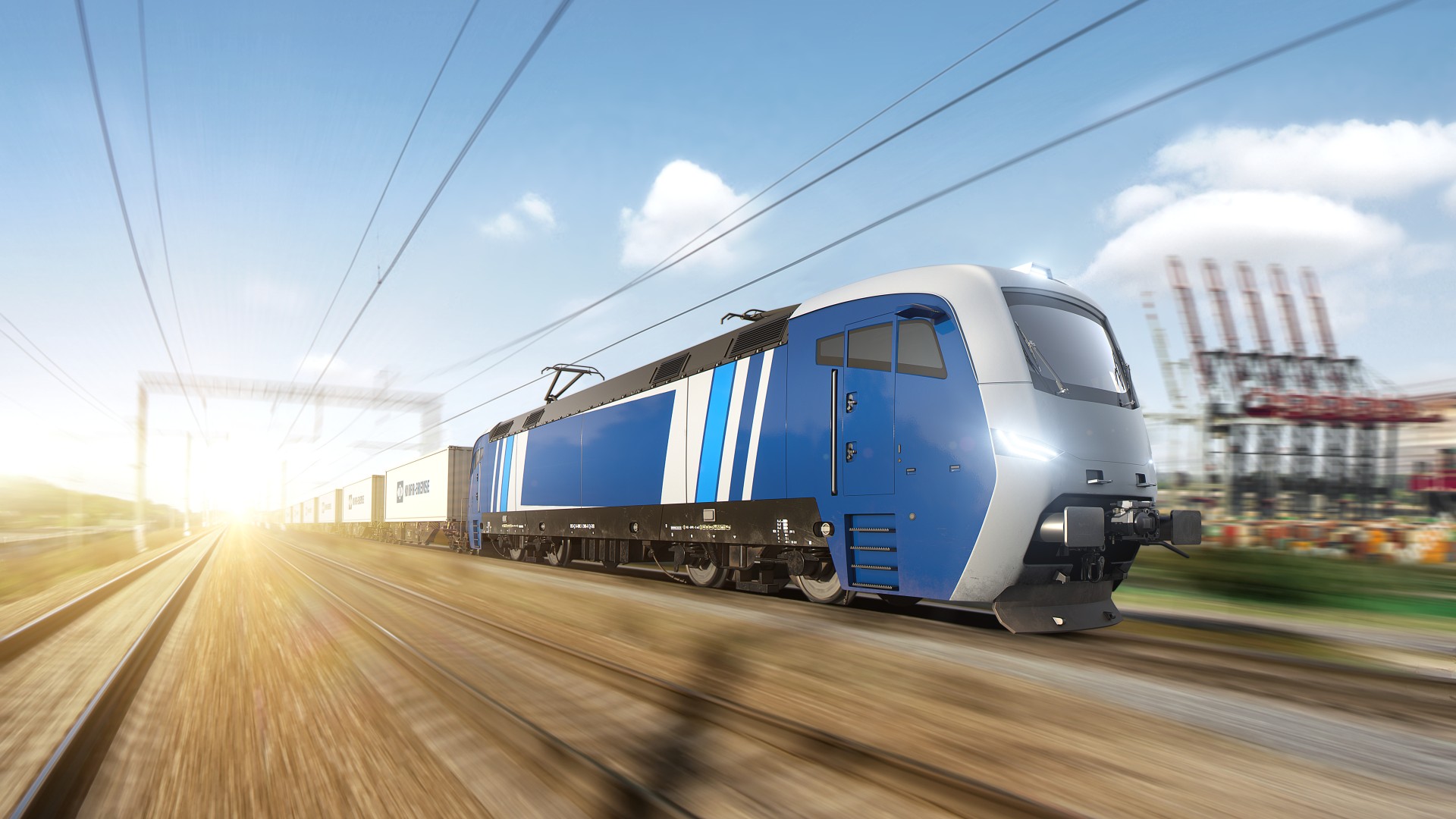 Blue freight train moving on tracks