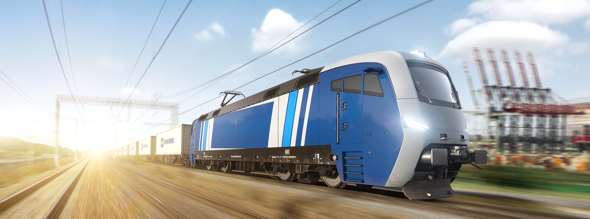 Blue freight train moving on tracks