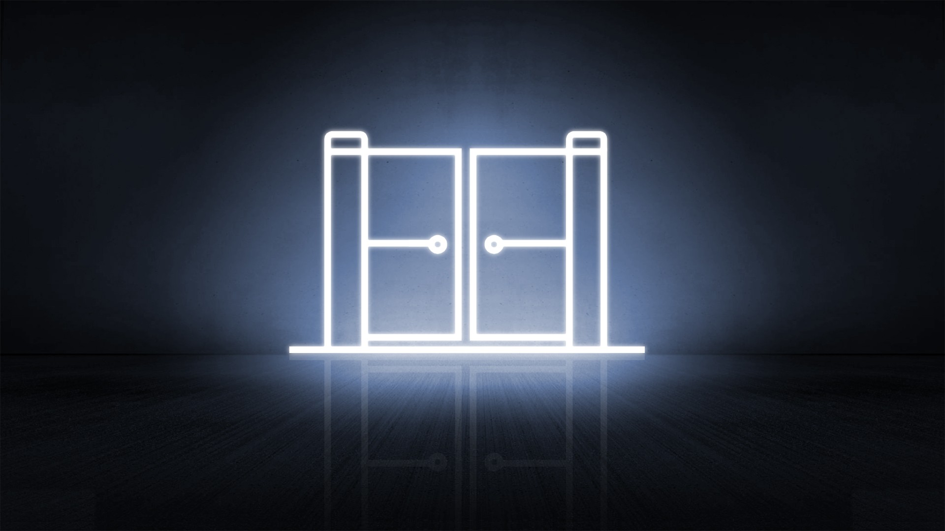 Neon outline of double doors on dark