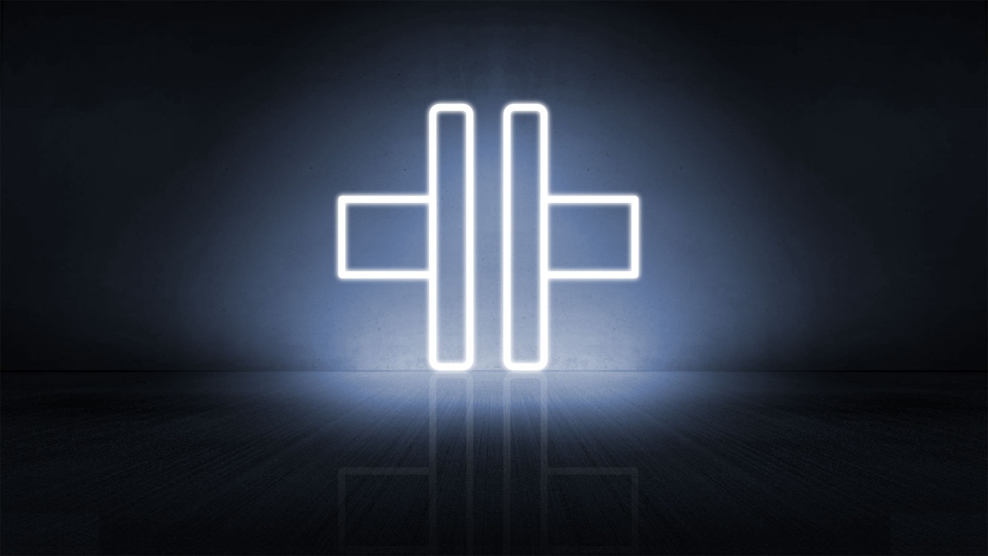 Illuminated logo on dark background with reflection.