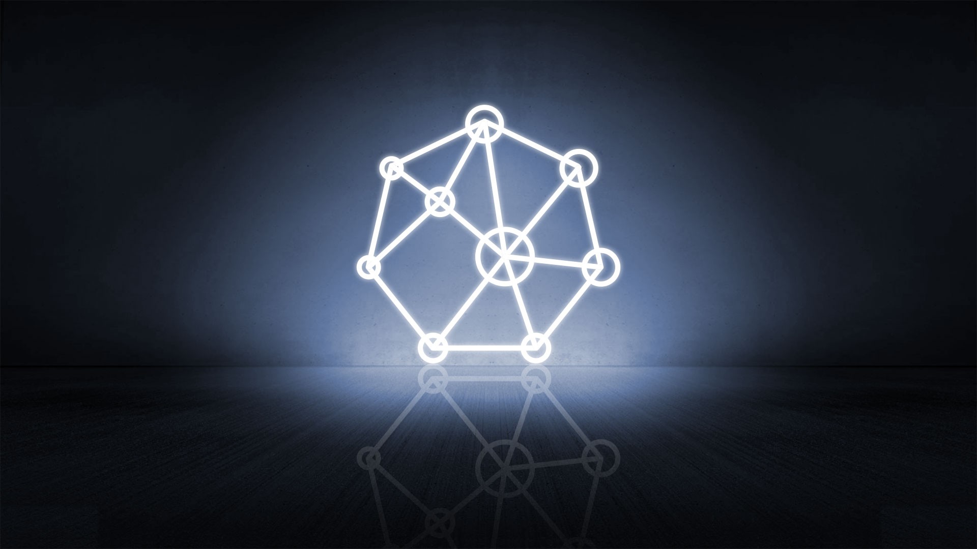 Glowing geometric network design on dark background.