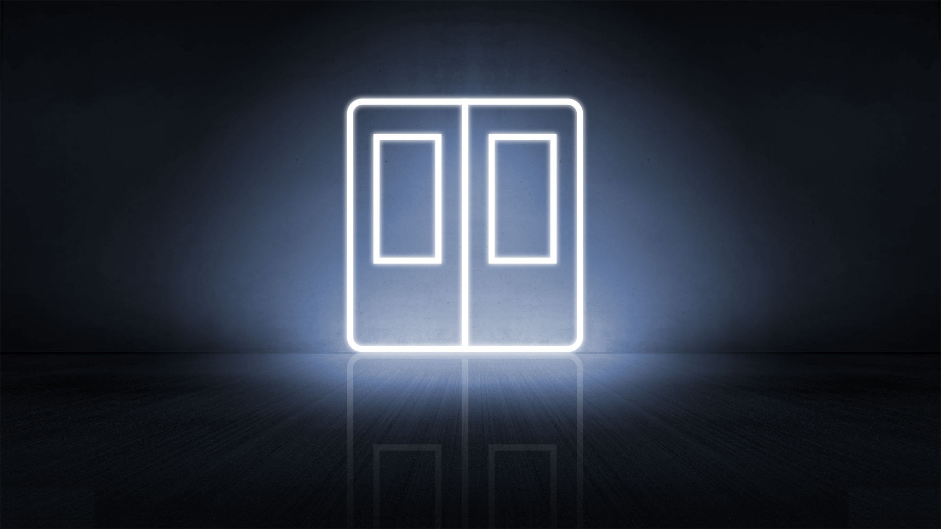 Illuminated double doors glowing in dark background