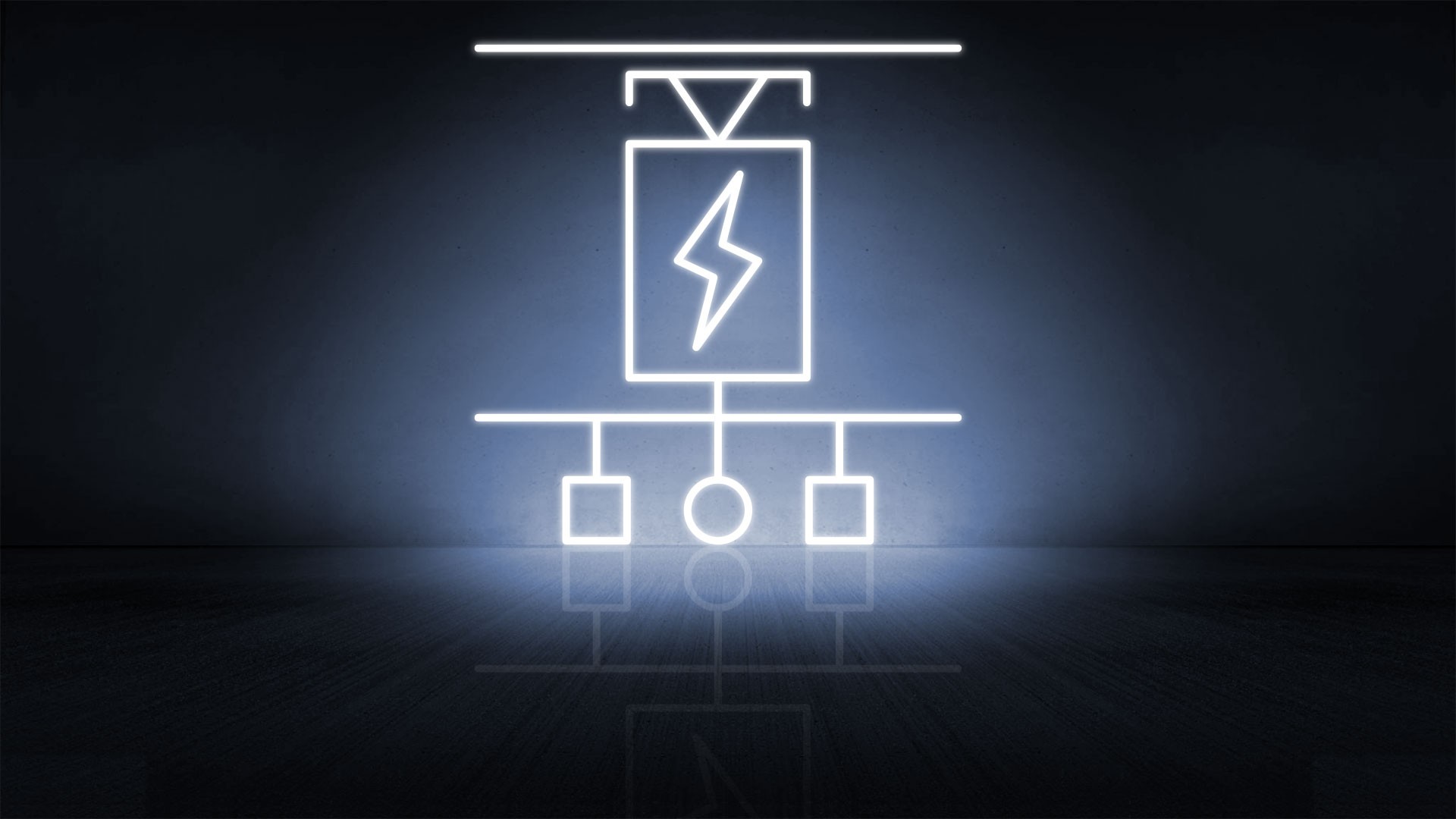 Electric transformer diagram glowing on dark backdrop.