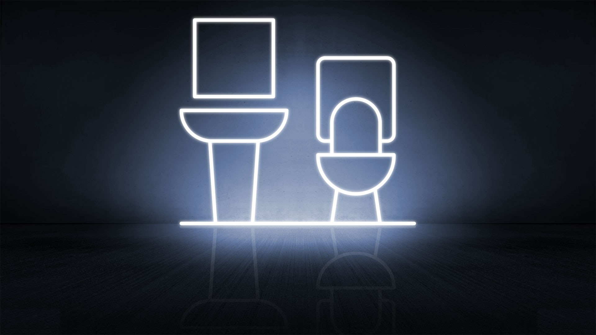 Neon outline of toilet and bathroom sink.