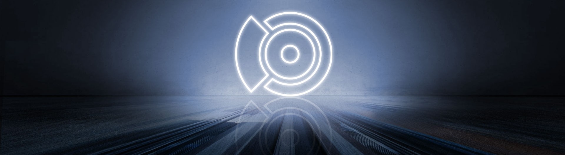 Illuminated logo on dark background with reflections.