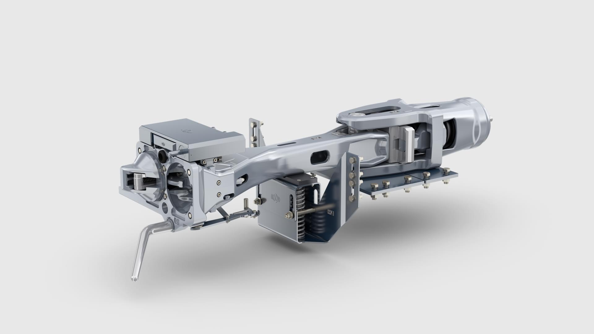 Product rendering of the Digital Automatic Coupler of Knorr-Bremse with vertical support