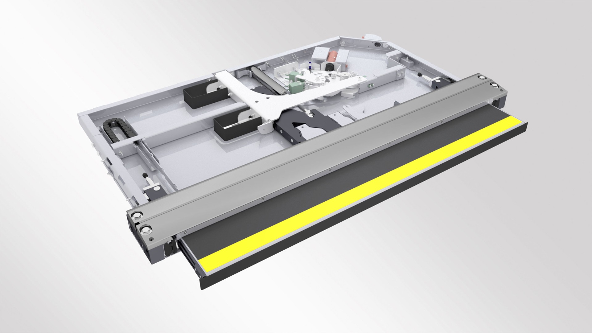 Technologiekomponente mit gelber Sicherheitslinie und Mechanik.