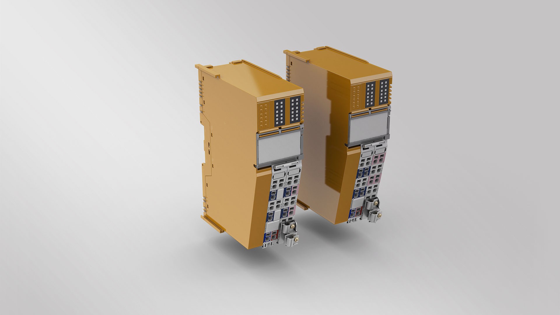 Industrial electronic components in yellow casing.