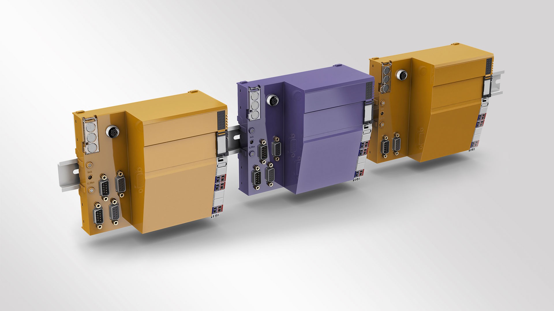 Industrial electronic modules in yellow and purple.