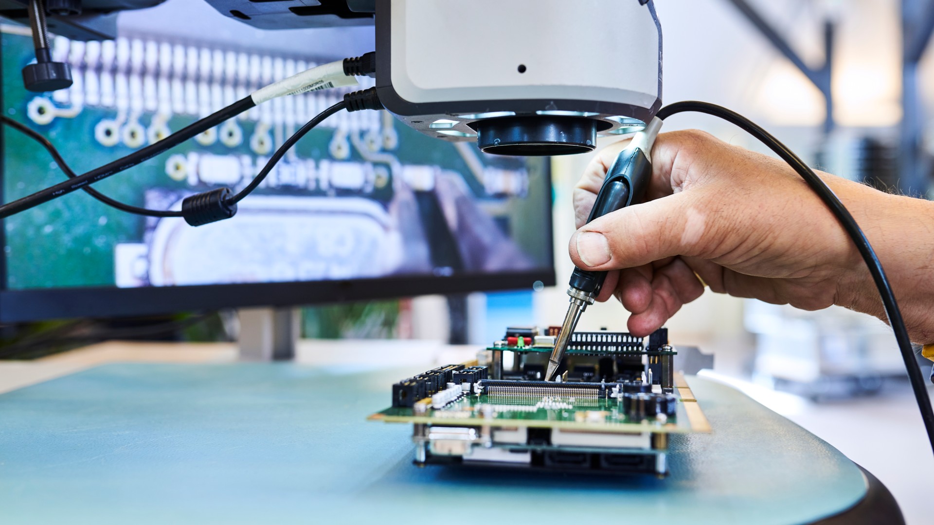 Hand soldering a circuit board under magnification.
