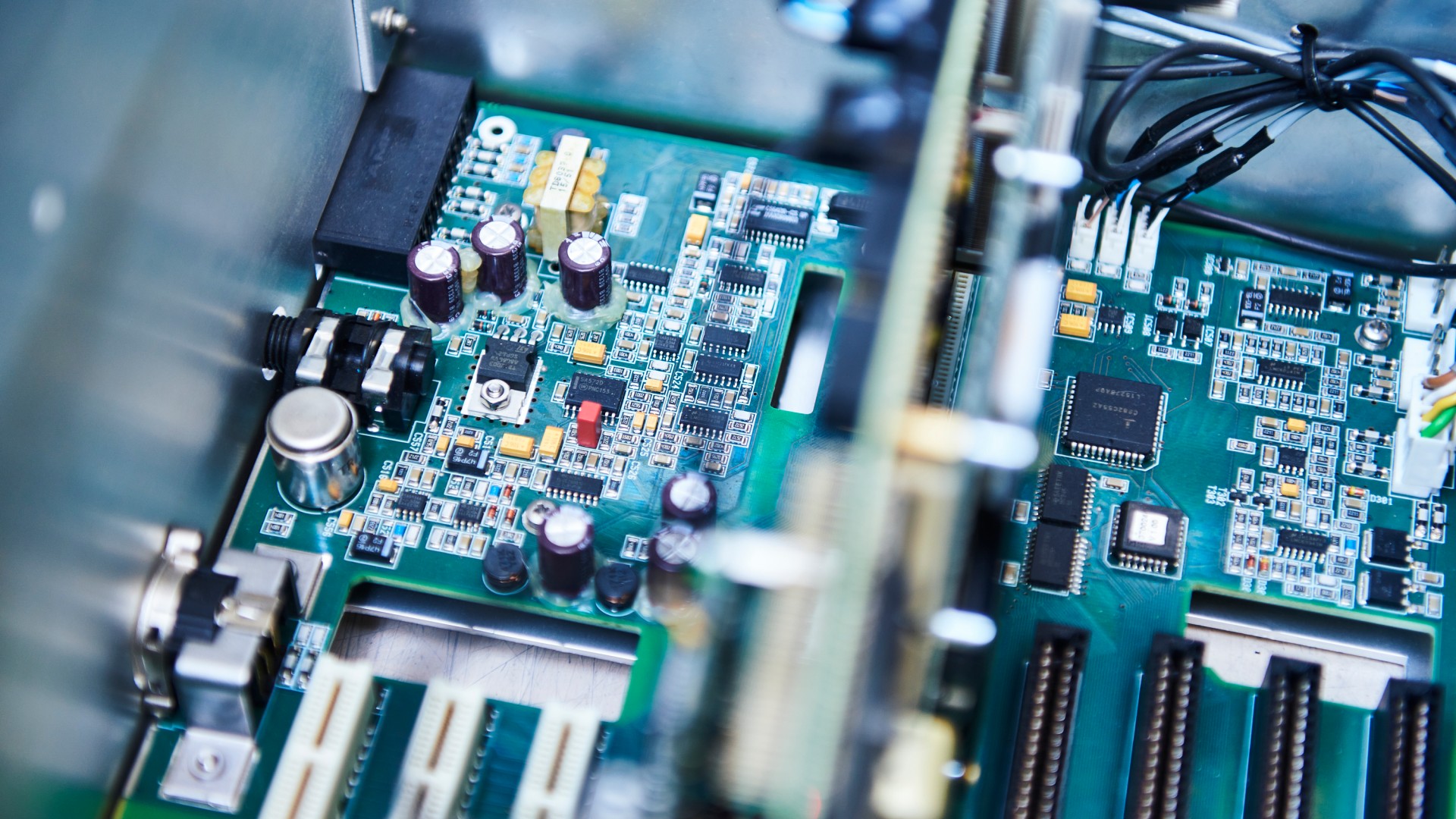 Electronic circuit boards inside a device enclosure.