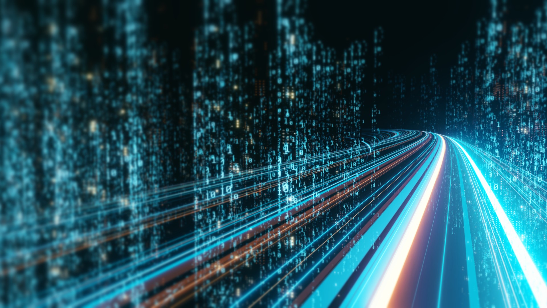 Futuristic digital landscape with glowing data streams.