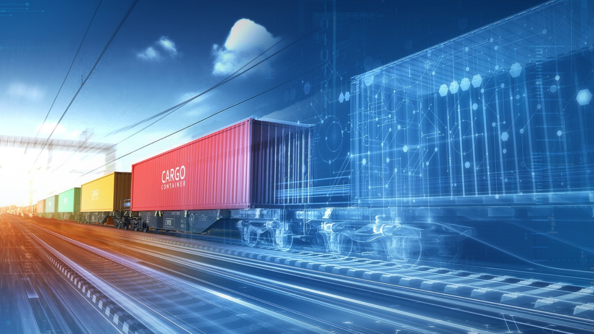 Colorful cargo containers on a moving freight