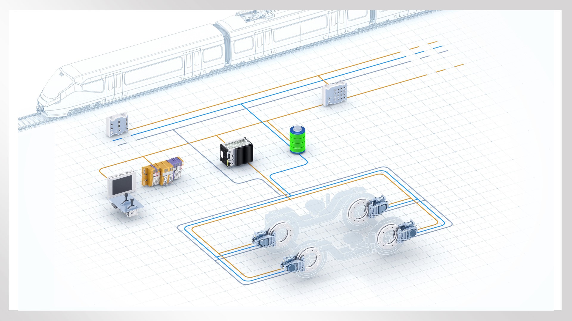 Railway system schematic with components and connections.